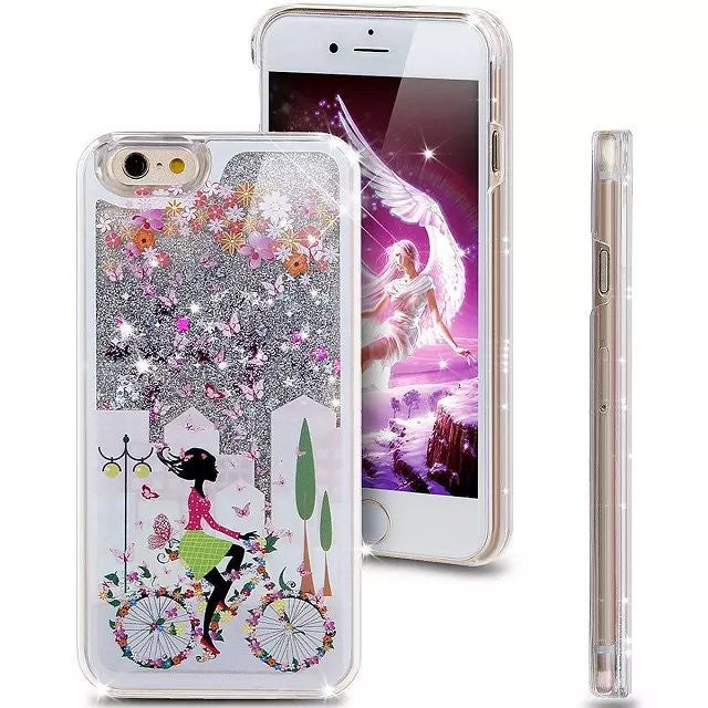 Liquid Glitter Phone Case for Iphone 5 5S (Girl on flower blossom bike)